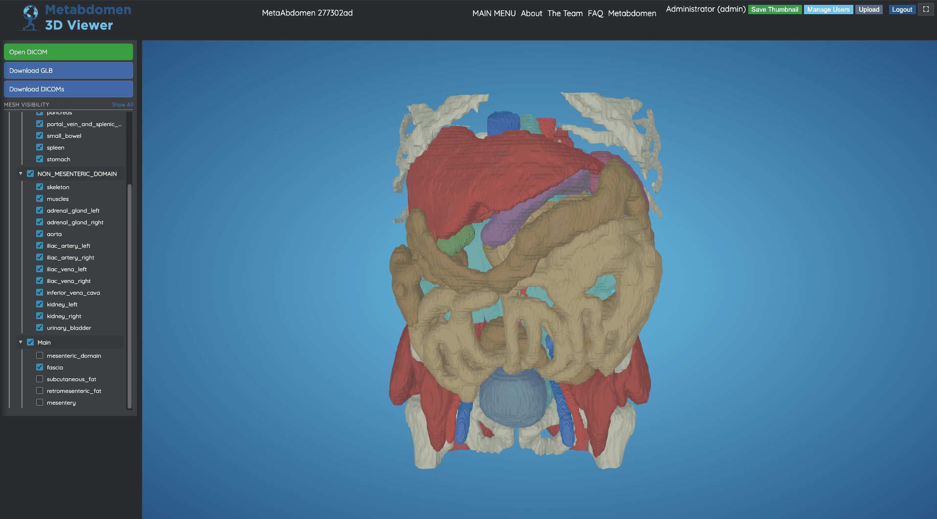Metabdomen viewer displaying a coloured 3D abdominal model beside controls for showing and hiding anatomical structures.